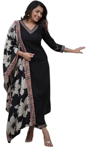 ONPEAK Viscose Silk 3-Piece Embroidered Kurti Set with Pant and Printed Chinon Dupatta Traditional Outfit (UK, Alpha, XXL, Regular, Regular, Black)