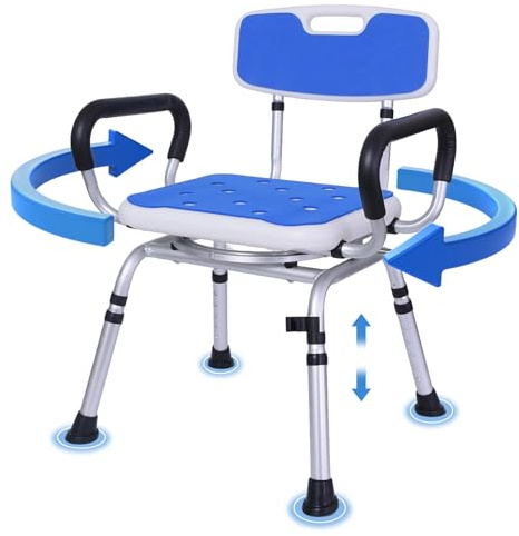 Swivel Shower Chair: 400 lbs Heavy Duty Shower Chair for Elderly Disabled Injured - Height Adjustable Shower Stool with Arms & Back - Non-Slip Rotating Shower Bench Seat for Tubs (Dark Blue)