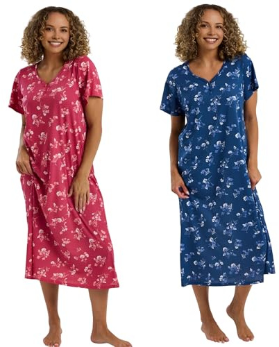 INSIGNIA Womens Pack of 2 Short Sleeve Long Cotton Blend Cool Jersey Nightshirts Nighties