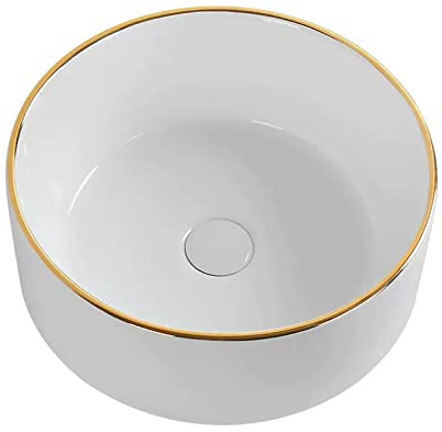Bonita Elegante lavabo de baño blanco, redondo sobre encimera, fregadero cerámica porcelana, for hotel, mueble tocador con desagüe emergente y decoración borde dorado cómodo(36cmx10cm)