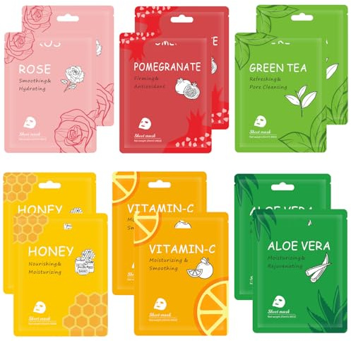 Pack of 12 Face Sheet Masks Skincare Set, Hydrating Face Masks Moisturising Facial Mask for Women, Korean Sheet Masks Multipack with Fruit Face Mask Variety for Brightening & Daily Care