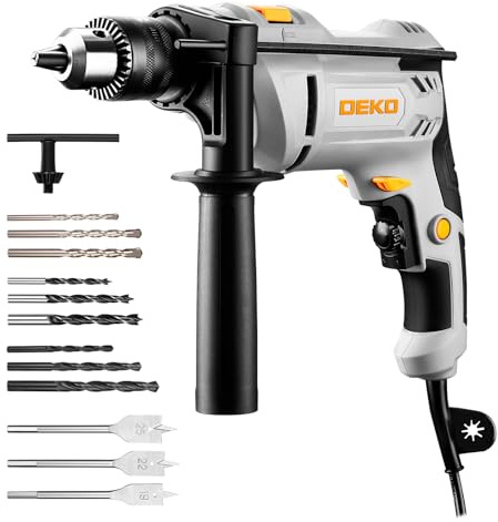 DEKOPRO Perceuse à Percussion Filaire 900W - Perceuse Béton 6 Vitesses, 3000 RPM, 45,000 BPM, Mandrin Métallique de 13mm, Poignée Rotative à 360° et 12 Mèches Incluses, pour Bois, Métal et Béton