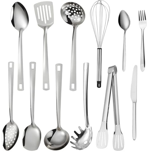 SneiDr Utensilios De Cocina Set 12 Piezas De Acero Inoxidable Pulido Espejo Utensilios Cocina Multifuncionales Para Cocinar Mezclar Servir Y Manipular Con Cucharón Espátula Batidor Para Cocina Y Hogar
