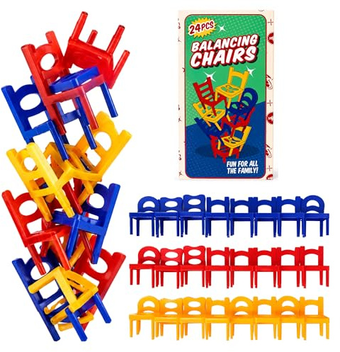 SRV Hub Balancing Chairs Stacking Game for Kids, 24 Piece Family Tower Balance Challenge, Colourful Mini Chair Skill Toy, Travel Party Tabletop Game, Up to 6 Players, Fun Family Board Game