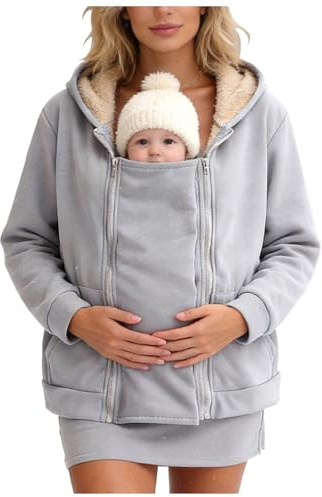 Dam 2-i-1 babybärare huvtröja fleecefodrad moderskap dubbel dragkedja amningsvänlig jacka varm vinter graviditet kappa för nyfödda spädbarn efter födseln överdimensionerad långärmad solid lös passform