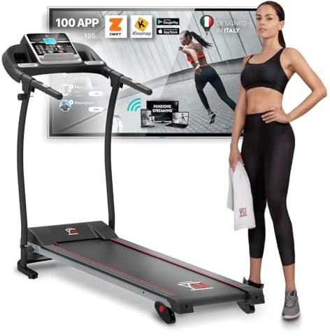 YM TAP100APP Tapis Roulant Elettrico Pieghevole, Marchio di Qualità ITALIANO, 12 km/h App KINOMAP & ZWIFT Video/Coach, Sensore Cardio Inclinazione Regolabile, 12 Programmi, 750W (1800W - 2,5HP Picco)