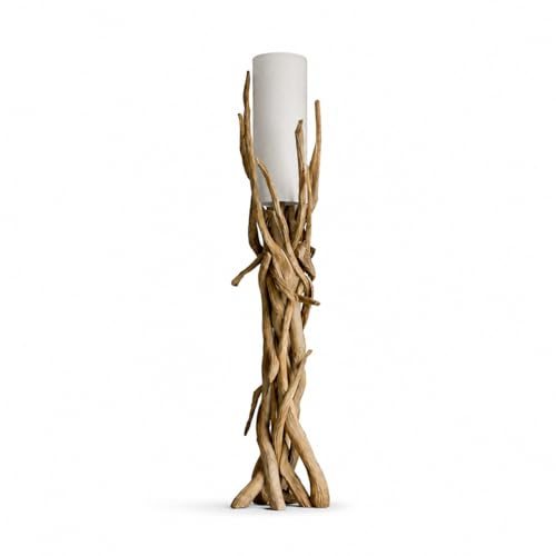 Bressmer Villa Treibholz Stehlampe Holz 180 cm | Handgefertigte Stehlampe aus recyceltem Teakholz | Rustikale Stehleuchte Holz für das Wohnzimmer mit Weiß Leinenschirm & E27-Fassung