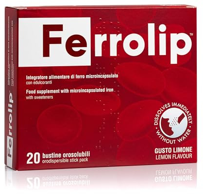 Ferrolip – Nahrungsergänzungsmittel aus mikroverkapseltem Eisen – für Frauen im gebärfähigen Alter und schwangere Frauen – Zitronengeschmack – 20 bukkale Einzeldosis-Beutel