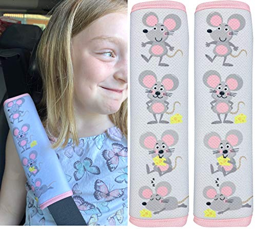 HECKBO 2x Kinder Auto Gurtpolster Gurtschutz mit Maus Motiv - Sicherheitsgurt Polster für Kinder und Babys - Ideal für jeden Gurt Autositzerhöhungen Kinder Fahrradanhänger Flugzeug