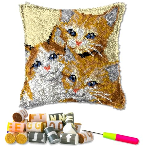 DL-YTG Latch Hook Kits Pillow Cat Crochet Yarn Cushion Colour Pre-Printed Canvas Rug Needlework DIY Pillowcase Hook and Latch Kit Christmas Home Arts Crafts Sofa Decoration 42x42cm/16X16inch