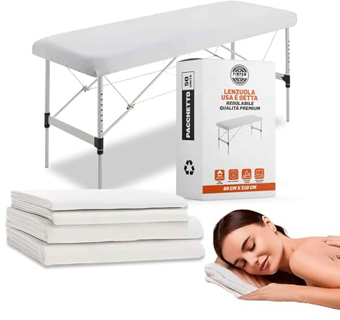 Pack 50 Enkel-spännlakan som är Justerbar | 80 x 210 cm | 100% återvinningsbar | Vattentät och hypoallergen | Idealisk för sängar, massagegar, sjukhussängar | Tillverkad i Spanien.