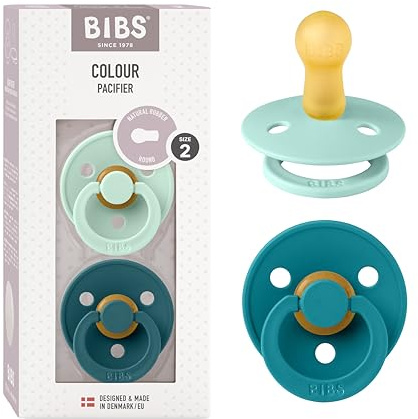 BIBS Colour Paquete de 2 chupetes. Libre de BPA, Tetina redonda. Látex natural, Talla 2 (6-18 meses), Nordic Mint/Forest Lake