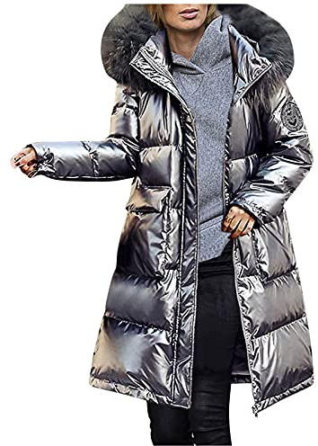 Abrigo de plumas para mujer, chaqueta larga de plumón con pelo, parka de invierno gruesa, informal, con capucha, plata, S