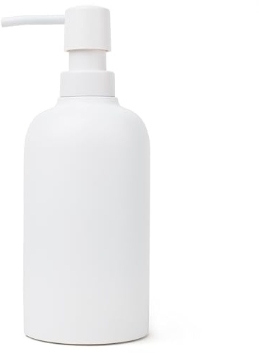 Matte White Round Soap Dispenser for Kitchen & Bathroom – 15 oz Refillable Resin Pump Bottle for Dish Soap, Hand Soap, Shampoo, Conditioner – Modern Countertop Dispenser with Non-Slip Protective Pads