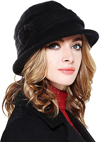 CheChury Bérets Chapeaux Melon Femme Hiver Femme Fleur élégante Laine Chaud Rétro Casquette Simple Beret Bonnets Cloche Chapeau Chapeau de Dôme,Noir