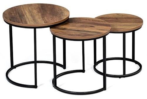 IDMarket - Hawkins 3er Set Beistelltische rund 30/40/45 dunkles Holz Industriedesign