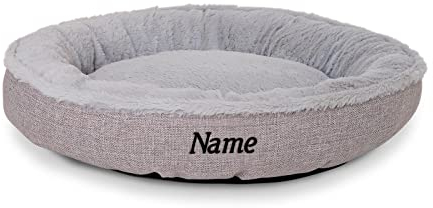 lionto Hundekörbchen rund in Donut-Form, Ø 65 cm, Heimtierkissen für Hunde & Katzen mit waschbarem Bezug & Anti-Rutsch-Noppen, kuscheliges Hundebett aus Oxford-Leinen & Plüsch, grau (Namensaufdruck)