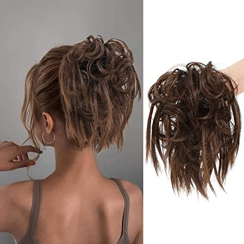 KETHBE Messy Bun Hair Piece,Synthetic Tousled updo Short Ponytail Faux Hair Scrunchie with Elastic Rubber Band Fake Hair Bun for Women (Chestnut Brown)