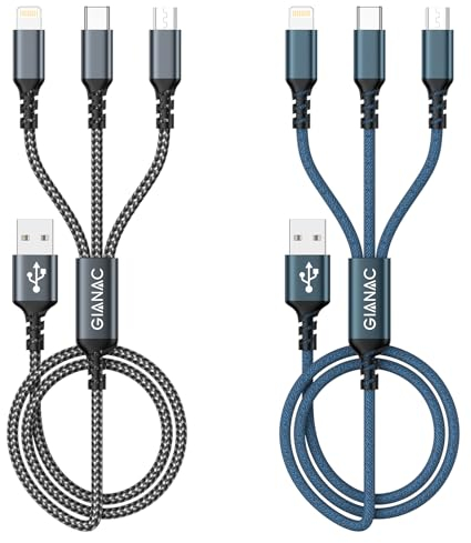 Multi Charger Cable, USB Charger Cable [2Pack 1.2M] 3 in 1 Multiple USB Cable Nylon Braided with Micro USB Type C Lightning Connector for iPhone, Android Samsung, Huawei, Nexus, Nokia,LG, Sony