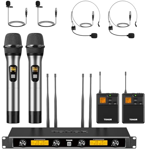 TONOR Système de Micro sans Fil UHF à 4 canaux, Microphones à Main/de Poche/de Casque/Cravate, Transmetteur Bodypack, Récepteur pour métal, 4x5 fréquences, 90M pour Le Chant karaoké Conférence Église