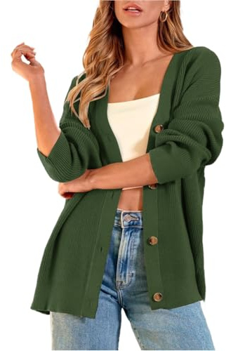 Zeagoo Cárdigan para Mujer Casual Manga Larga Cárdigan de Punto Parte Delantera Abierta Cuello en V Suéteres Elegante Tira de Botones Abrigo Chaqueta Verde Militar S