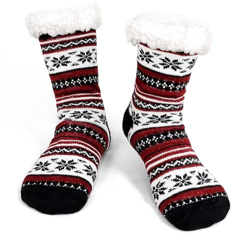 PUTUO Chaussettes Chaussons Antidérapantes pour Homme: Chaussettes Pantoufles à la Maison en Hiver Chaussettes Thermiques Épaisses et Chaudes pour Homme 1 paire 39-45 Noir Rouge