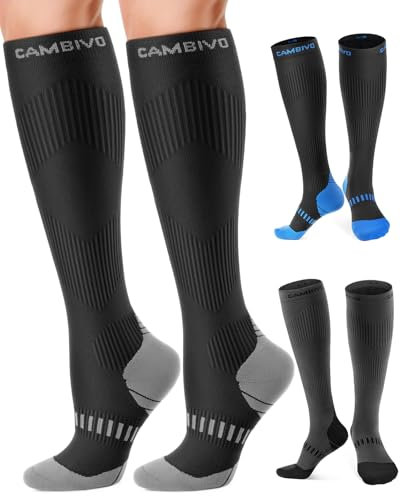 CAMBIVO Bas de Contention Femme Homme 2 Paires, Chaussettes de Contention 20-30mmHg, Chaussettes Hautes Compression pour Circulation Sanguine, Voyage Avion, Sport, Jogging, Grossesse, Infirmiere