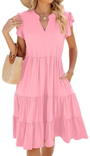 Yutdeng d'été Femme Robe Courte avec Poches Décontracté Col en V Robe à Manches Courtes à Volants Bohème Chic et Élégant A-Line Vacances Mini Dress,Rose,M