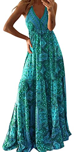 Abito lungo Boheme, Vestito Aderente Sexy Senza Maniche Backless Spalle Scoperte Abito Etnico Occidentale Stampato Floreale Orlo Irregolare Con Tasche Abito Casual Tinta unita Per Le Vacanze