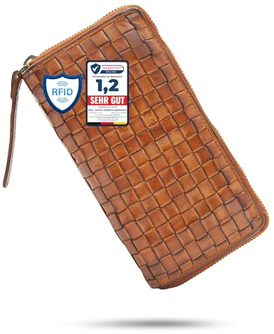 Baur Damen Geldbörse aus extra weichem Waschleder – Handgeflochtener Geldbeutel im Used-Look mit RFID-Schutz – Großes Portemonnaie mit 12 Kartenfächern & Rundumreißverschluss (Geflochten, Cognac)