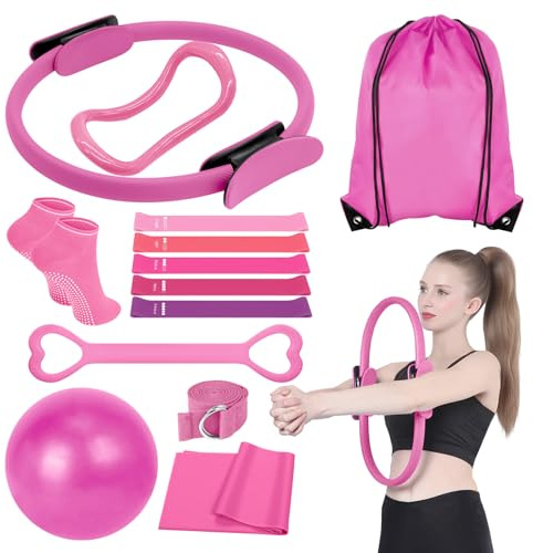 YQBFB Set di 13 accessori per pilates da donna: anello magico per yoga, fasce per i glutei, palla per pilates, calzini antiscivolo e borsa da palestra - Set regalo essenziale per allenamento a casa