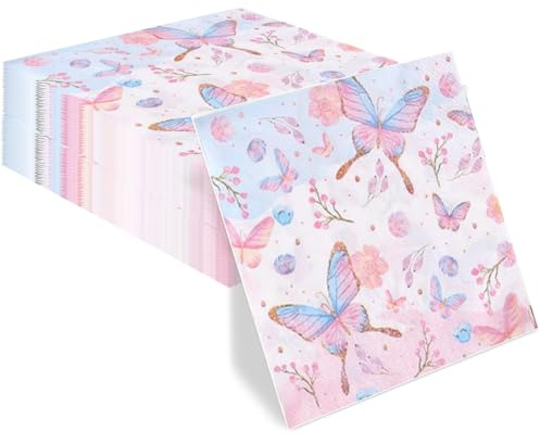 Komoke Tovaglioli floreali – 60 tovaglioli di carta con fiori selvatici, farfalle e foglie in rosa – Tovaglioli estivi per matrimoni, compleanni, battesimi – 33 x 33 cm – Elegante decorazione da