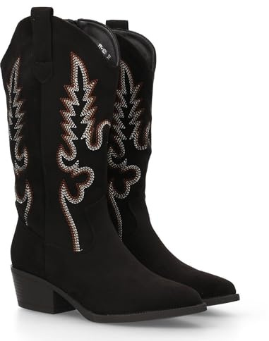Botas de Mujer Estilo Cowboy, Tacon bajo, comodas y Elegantes. Diseno de Cana 32 cm Bordada Look Casual o de Fiesta, Ideales para Otono Invierno