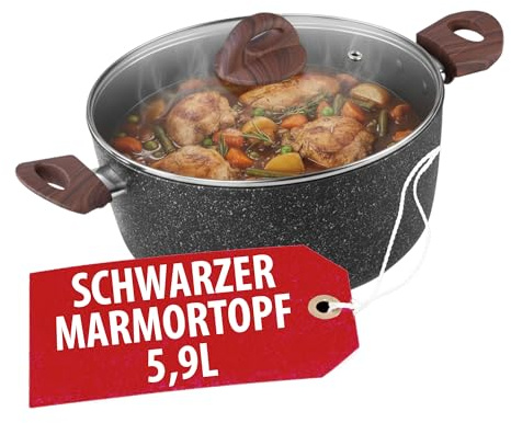 MAGIC HOME Aluguss Topf 28 cm INDUKTION | Marmor Antihaft | Großer Beschichteter Kochtopf mit Glasdeckel für Alle Herdarten, Induktionsherd | Ergonomischer Griff in Holzoptik | Black Marble Line