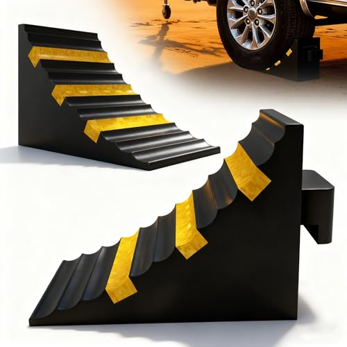 XMTECH Juego de 2 cuñas de goma antideslizantes extra fuertes para coche, SUV, autocaravana, camión y remolque, tiras reflectantes de seguridad, fáciles de manejar, evitan que rueden