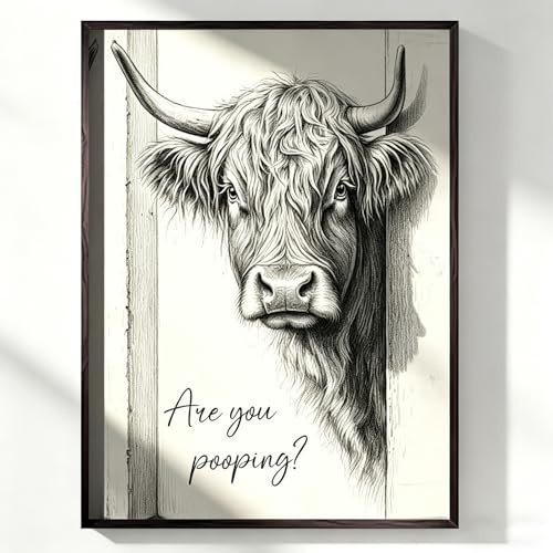 Aurelx Bathroom Pictures and Wall Art, Highland Cow Are You Pooping Sign, Oil Canvas Toilet Wall Art, Funny Highland Cow Canvas with Text, Room Posters for Bathrooms Bathtubs Toilets Decor