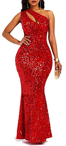 VERWIN Paljetter mode ärmlös sned krage sjöjungfru dam maxiklänning bodycon klänning festklänning, Röd, XL