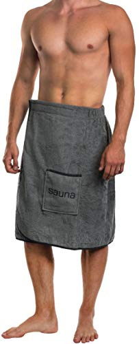 Brandsseller Herren Saunakilt Saunasarong S-XL mit Klettverschluss, Gummizug und Tasche 100% Baumwolle - Grau