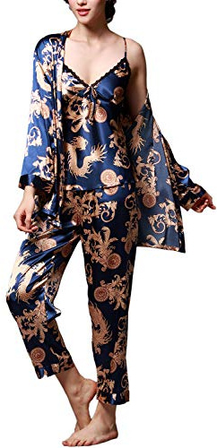 ASKSA Femme 3 en 1 Pyjamas Soie Trois Pièces Costume 3PC Confortable Satin De Nuit Ensemble Camisole Manches Longues PeigBleu Foncés avec Ceinture Pyjama Pantalon Vêtements De Maison(Bleu Foncé,M)