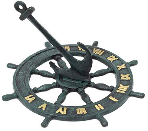 Carousel Home Gifts Nautical Cast Iron Garden Sundial | Metal Outdoor Sundial Ship Wheel Anchor Ornament - 23cm