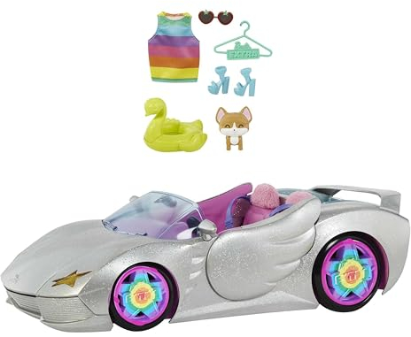 Barbie Extra, Barbie Auto Cabrio, in silber, mit beweglichen Rädern inkl. Barbie Zubehör wie Barbie Kleidung und Haustier, Spielzeug ab 3 Jahre, HDJ47
