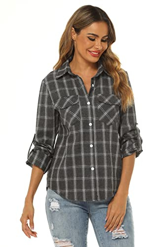 Ietaoo Chemisiers Femme Chemise à Carreaux Coton Manches Longues Flanelle Chemise Blouse Classique Décontractée Shirt pour Automne Hiver Printemps Gris XXL