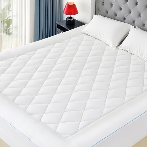 HOMTEC Queen Mattress Pad Cotton Mattress Pad Cover Quilted Mattress Cover 18-22 Deep Pocket Mattress Protector Queen Size White Down Alternative Filling Noiseless & Breathable