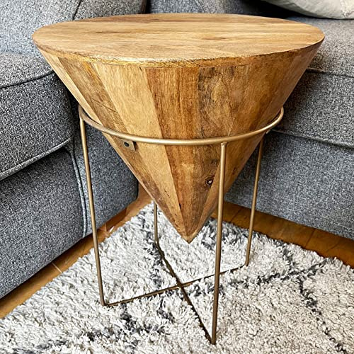 Darthome Mango Wood Cone Side Table Round Metal Legs Plant Stand Accent Coffee Furniture 50cm