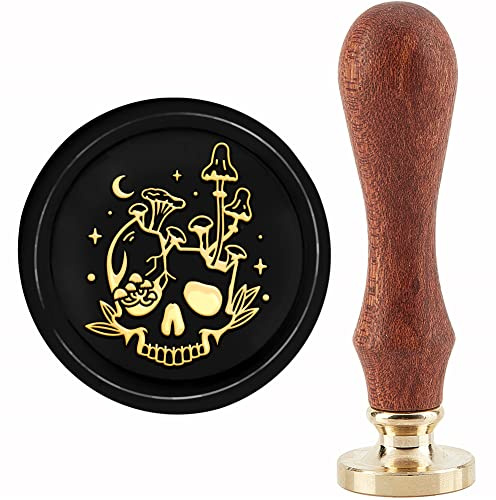 CRASPIRE Skull Wax Seal Stamp Mushroom Sealing Wax Stamps Gothtic 30mm Retro Vintage Removable Brass Stamp Head with Wood Handle for Wedding Invitations Halloween Christmas Thanksgiving Gift Packing