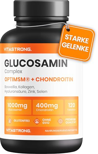 Vitastrong Glucosamin Chondroitin MSM Komplex mit Kollagen, Hyaluronsäure, Zink, Selen, Mangan & Boswellia, 120 Tabletten, Premium Gelenk, Knochen- & Knorpel-Formel, Glutenfrei & Ohne Gentechnik