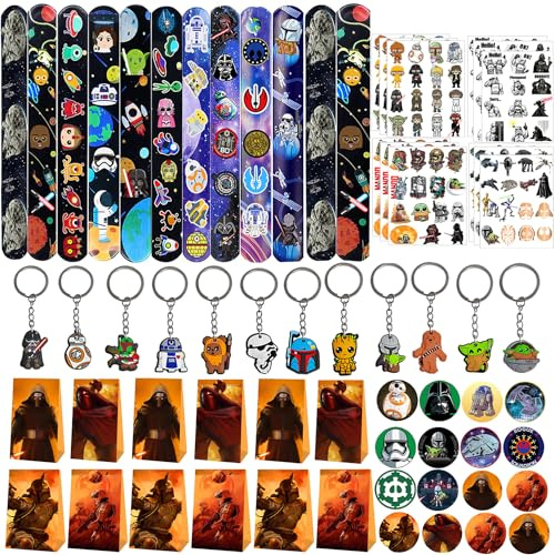 Yrmysrx Galaxy Wars Partygeschenk-Set enthält 12 Papier-Geschenktüten mit Aufklebern, 12 Schlüsselanhänger, 12 Slap-Armbänder, 12 Abzeichen, 12 Blatt temporäre Tattoos für Kinder-Party-Dekorationen