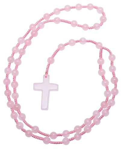 Nupuyai Kristall Kreuz Anhänger mit Rosenquarz Stein Rosenkranz Kette für Damen Herren, Katholische Edelstein Gebetskette Kreuz Halskette Heilstein Reiki Schmuck