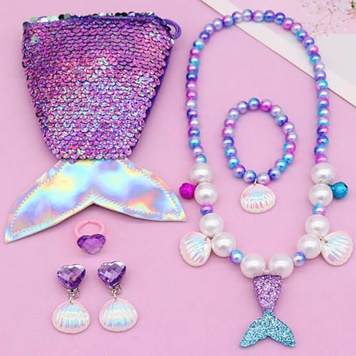 KARLOR Flickor smycken set sjöjungfru barn smycken set sjöjungfru armband pärlor halsband öronclips lila handväska sjöjungfru flicka födelsedag present sjöjungfru party present