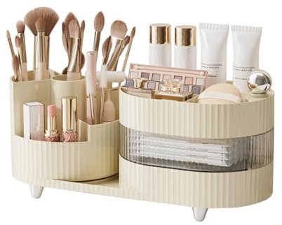 DASITON Organizador de Maquillaje Multifunctional,Organizador de Brochas de Maquillaje Giratorio 360°,Almacenamiento de Cosméticos de Gran Capacidad con Cajones,para Tocador,Escritorio,Baño(Creme 02)